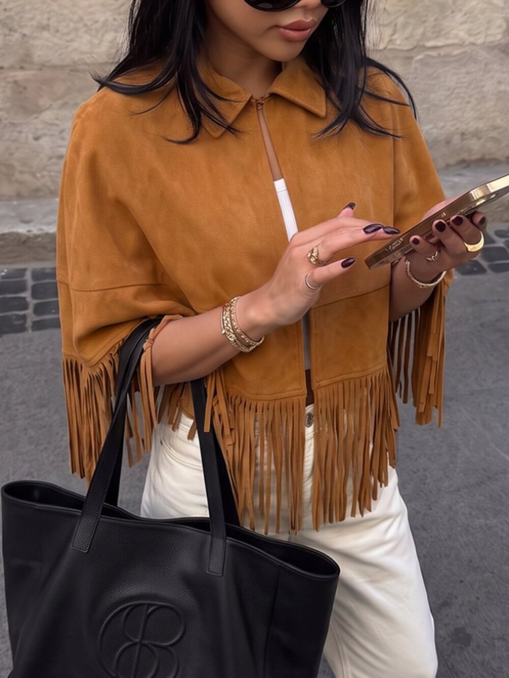 Brown Casual Women's Bohemian Fringe Cloak Sleeve Lapel Faux Suede Jacket - Picture 2 of 4